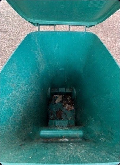 Inside of a green trash bin caked with grime and residue